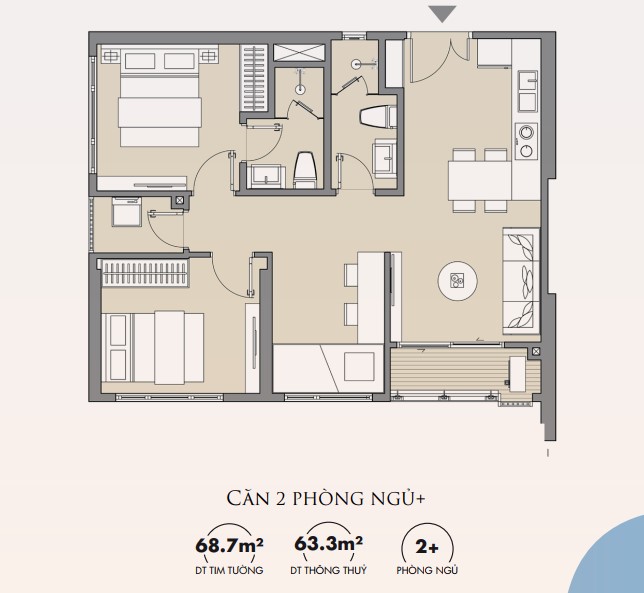 Thiết kế căn hộ 2 ngủ 64m2 Masteri Smart City